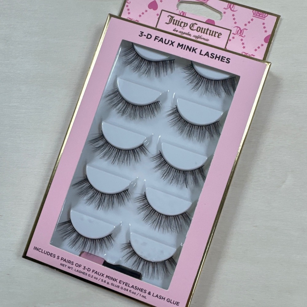 Juicy Couture 3-D Faux Mink Lashes 5 Pairs Set with Glue Black New